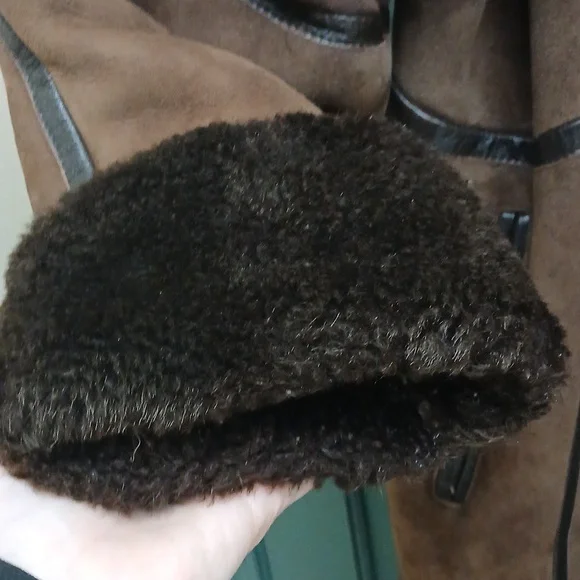 Vintage Brown Suede Shearling Coat With Removable Hood Size Medium - Picture 6 of 11